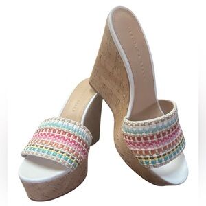 VERONICA BEARD SAKS FIFTH AVE MULTICOLOR PLATFORM WOVEN CORK WEDGE SANDAL SZ 7